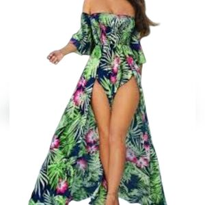 Hot Miami Styles Green Leaf Print Maxi Dress